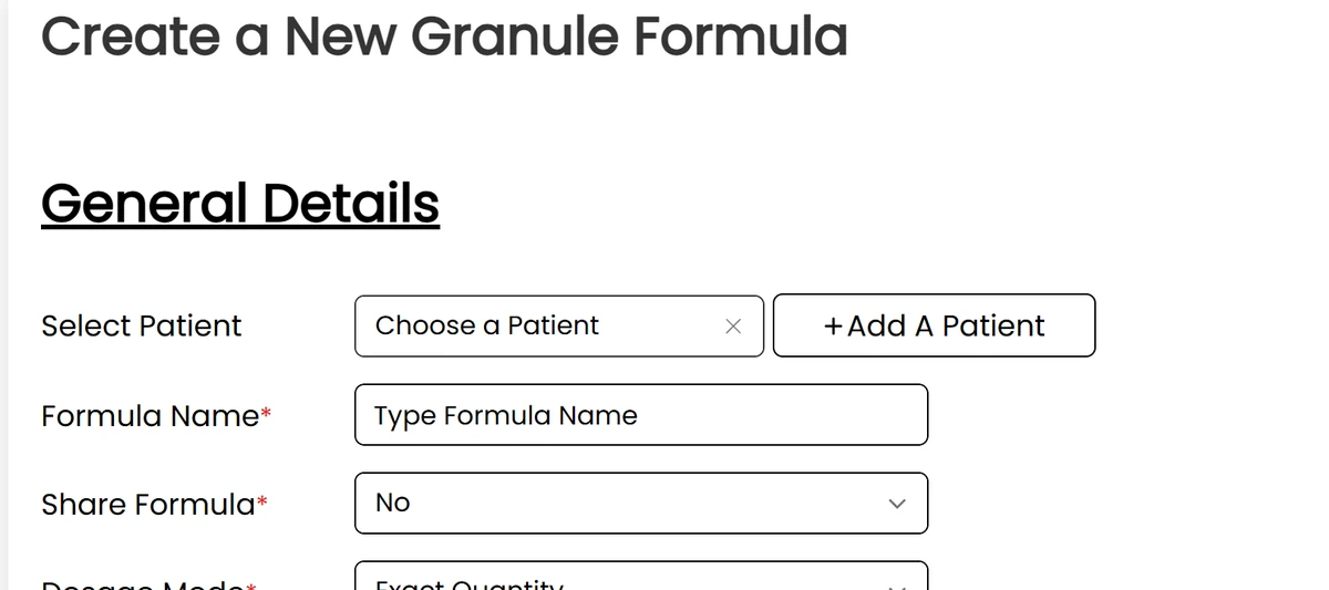 Formula builder showing patient, formula name, dosage mode and formula type fields