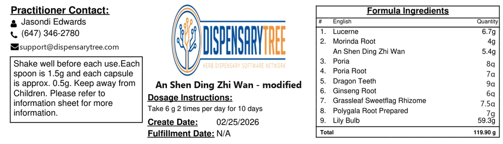 Printed label showing practitioner contact, dosage instructions and the full ingredient list with quantities and total