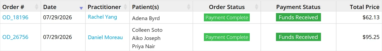 Order list showing practitioner orders with order status, payment status, total and fulfillment state