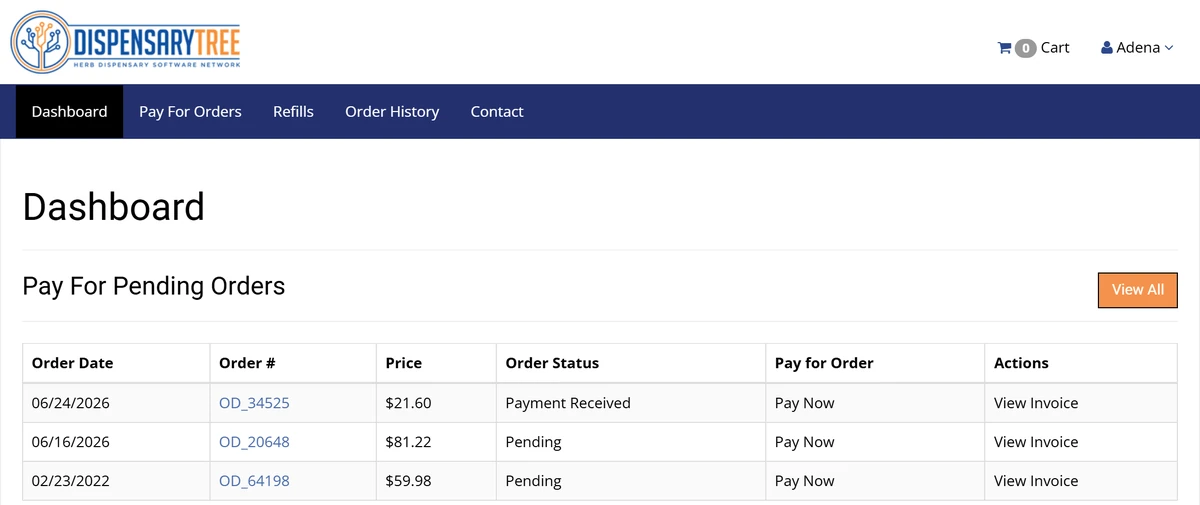 Patient portal dashboard showing pending orders with dates, order numbers, prices, status and invoice links