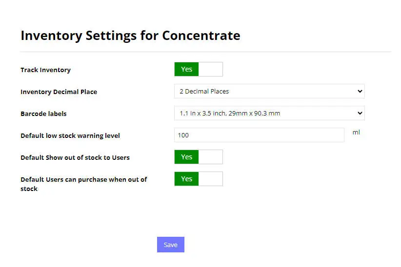 inventory settings for ingredient type