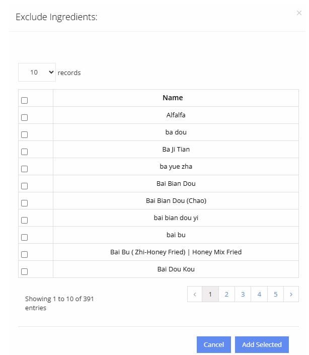 Ingredient Selection 6 Add New Excluded Ingredients