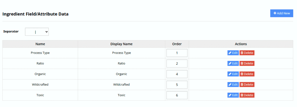 Ingredient Selection 10 Ingredient Field Attribute Data