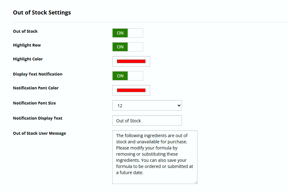 Ingredient Selection 11 out of stock settings