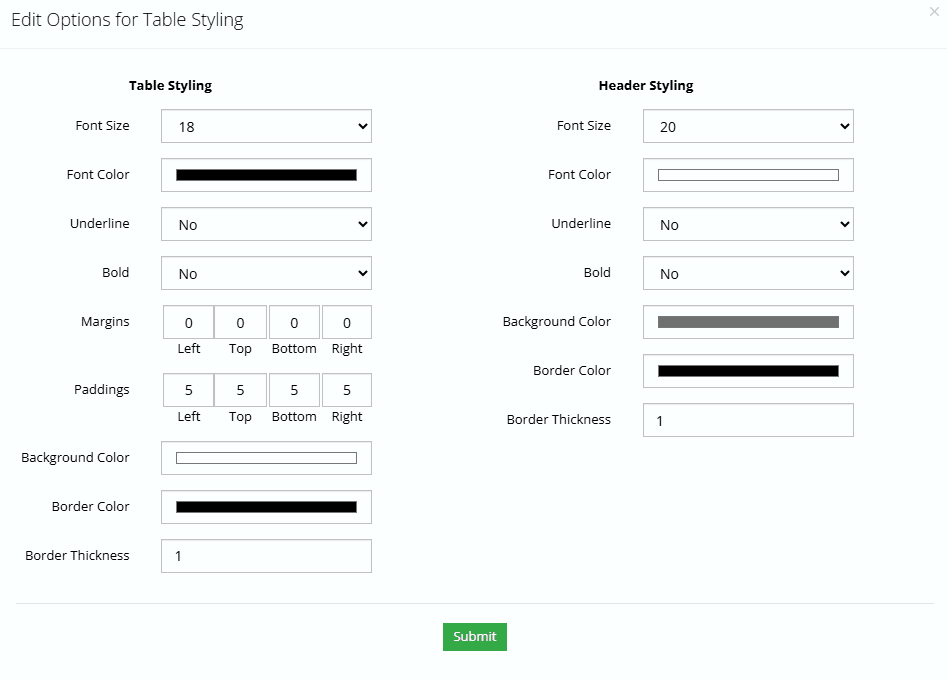 General Settings 11 table styling options