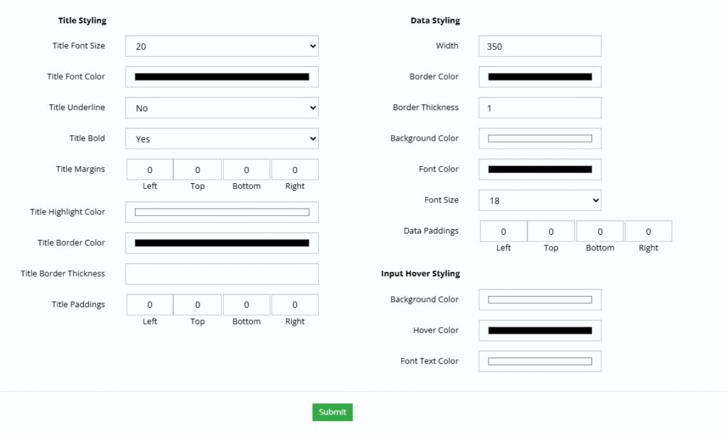 General Settings 7 title and data styling options