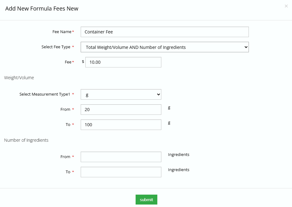 Formula Pricing Options 4 weight volume and number of ingredients fee